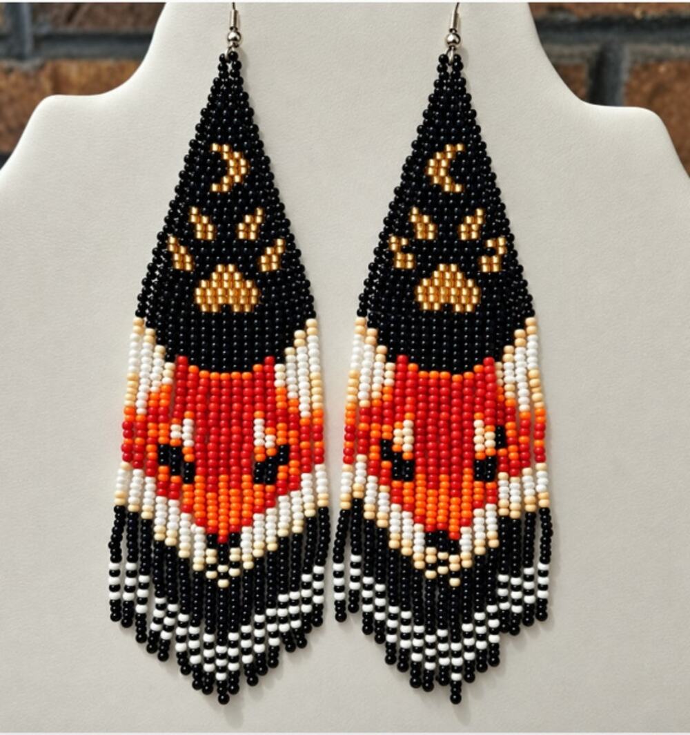 Beaded Fringe Earrings with Orange & White Fox Face & Black Accents
